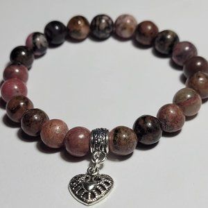 Natural Black Stripe Rhodonite Crystal Beaded Bracelet w/Heart Charm 8mm 7 1/2"
